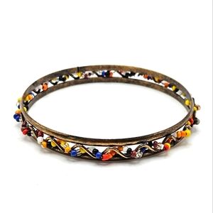 VINTAGE Gold Tone Metal Woven Colorful Seed Bead Bangle Bracelet